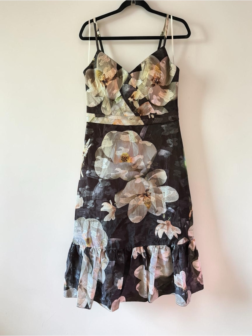 Homecoming Dress Marchesa Black Floral Midi Dress with Blush and Cream Blooms